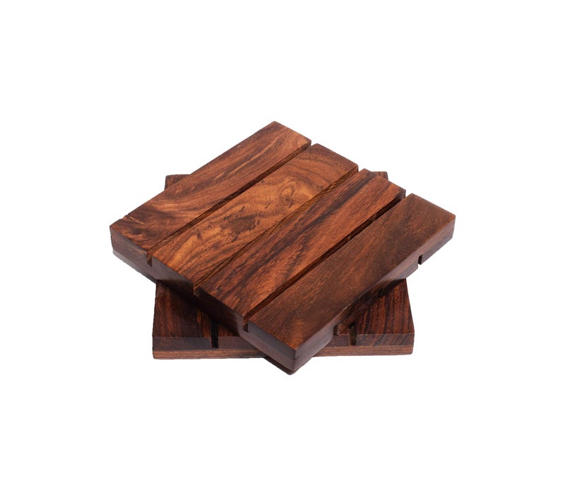 Hashcart Handmade Sheesham Wood Coaster Set with Holder (Set of 2) - Image 1