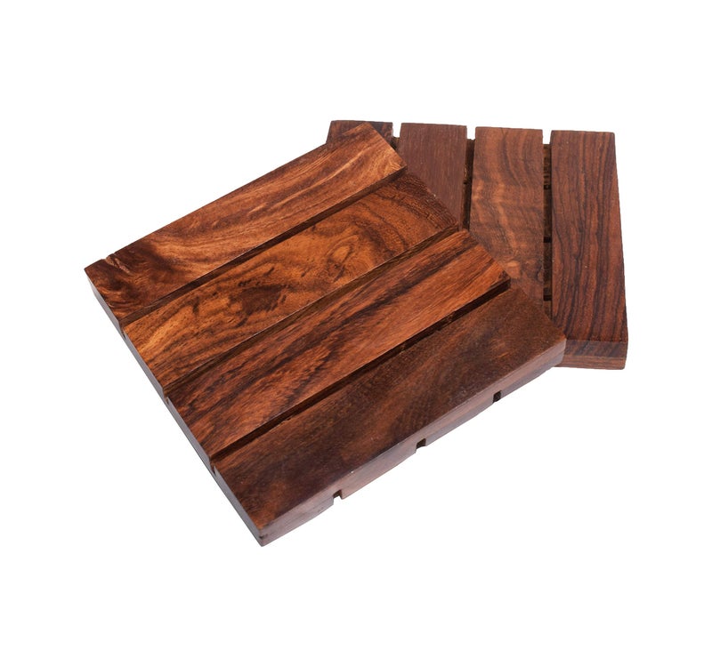 Hashcart Handmade Sheesham Wood Coaster Set with Holder (Set of 2) - Image 3