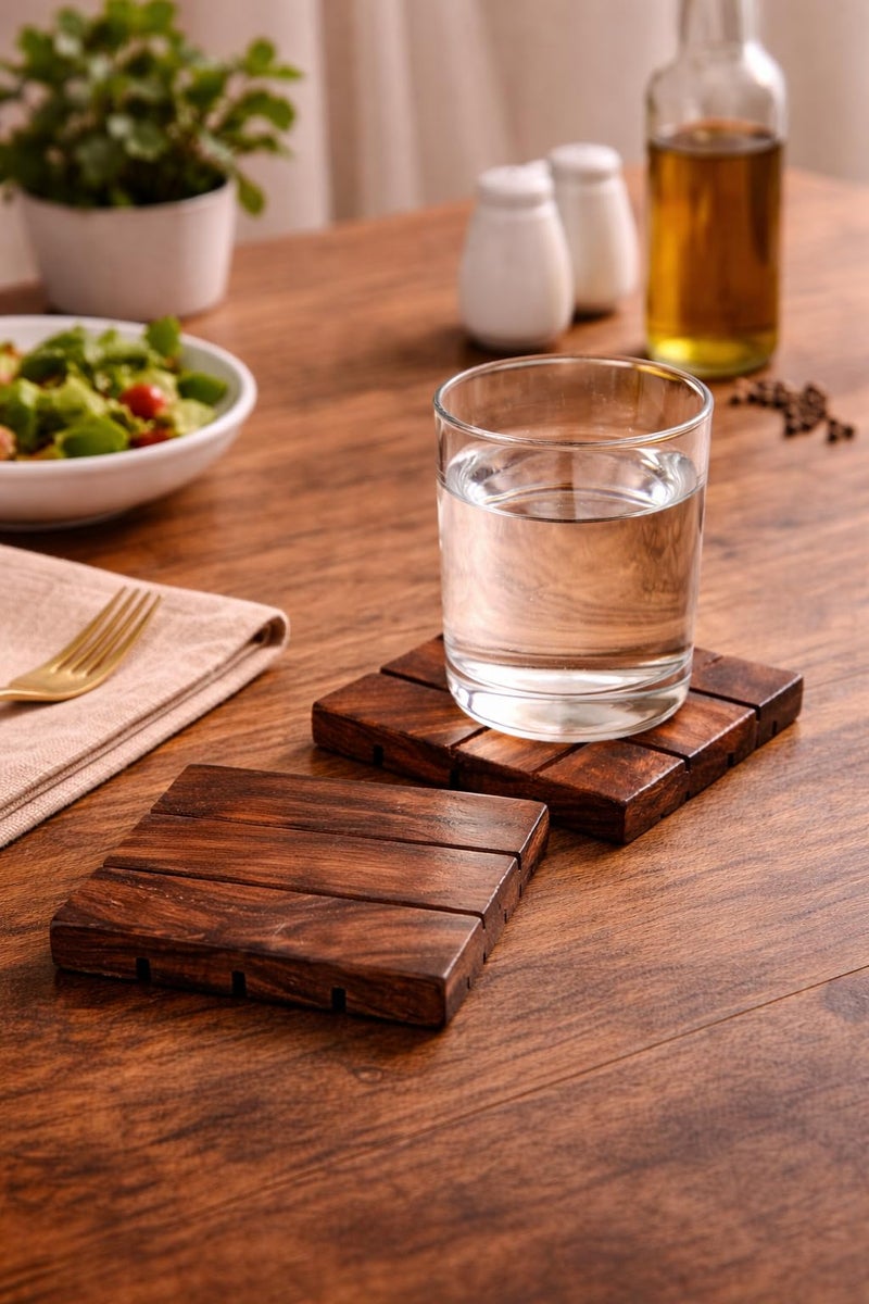 Hashcart Handmade Sheesham Wood Coaster Set with Holder (Set of 2) - Image 2