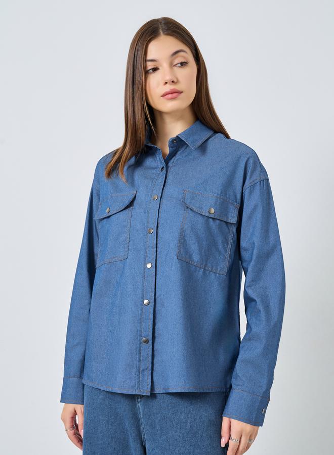 ستايلي قميص دنيم بجيبين بقصة فضفاضة - Image 3