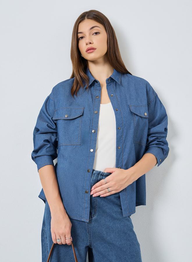 ستايلي قميص دنيم بجيبين بقصة فضفاضة - Image 1