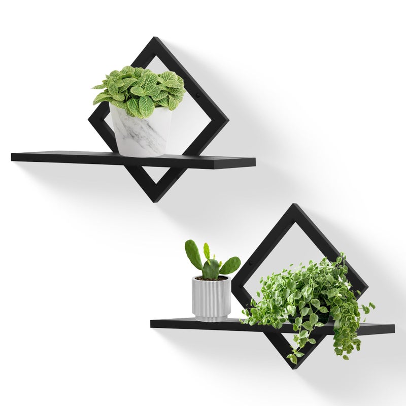 PHOENANCEE Floating Shelves for Wall,Decorative Wall Shelf,Hanging Shelf for Plants Storage Display Holder,Indoor Decor for Living Room Home Office Bathroom Bedroom,Solid Wood,Diamond Shaped,2 Pack(Black) - Image 1