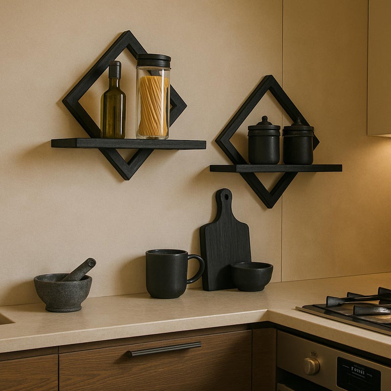 PHOENANCEE Floating Shelves for Wall,Decorative Wall Shelf,Hanging Shelf for Plants Storage Display Holder,Indoor Decor for Living Room Home Office Bathroom Bedroom,Solid Wood,Diamond Shaped,2 Pack(Black) - Image 4