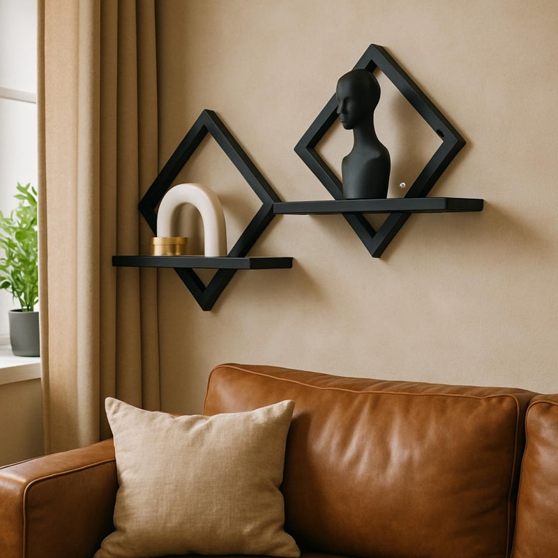 PHOENANCEE Floating Shelves for Wall,Decorative Wall Shelf,Hanging Shelf for Plants Storage Display Holder,Indoor Decor for Living Room Home Office Bathroom Bedroom,Solid Wood,Diamond Shaped,2 Pack(Black) - Image 5