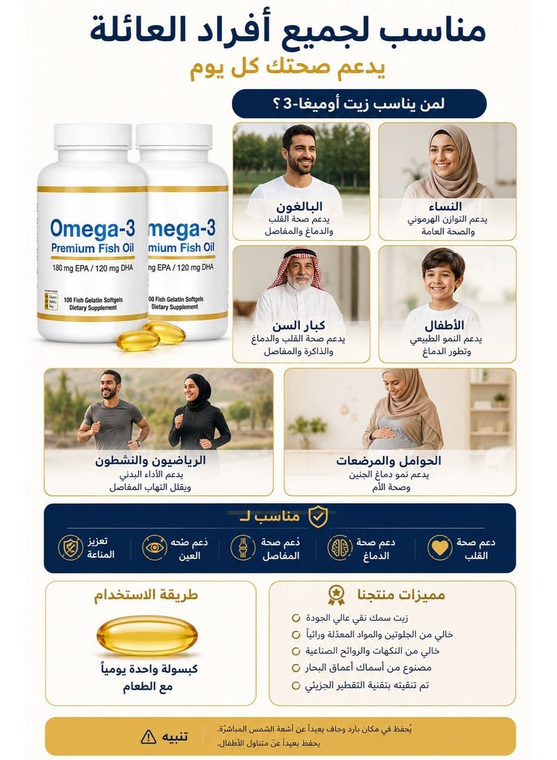 أوميغا عبوتان من زيت السمك عالي النقاء الغني بأوميغا 3 | مُقطّر جزيئياً | 180 ملغ EPA و120 ملغ DHA | يدعم صحة القلب والدماغ والمفاصل | خالٍ من الغلوتين | 100 كبسولة هلامية - Image 3