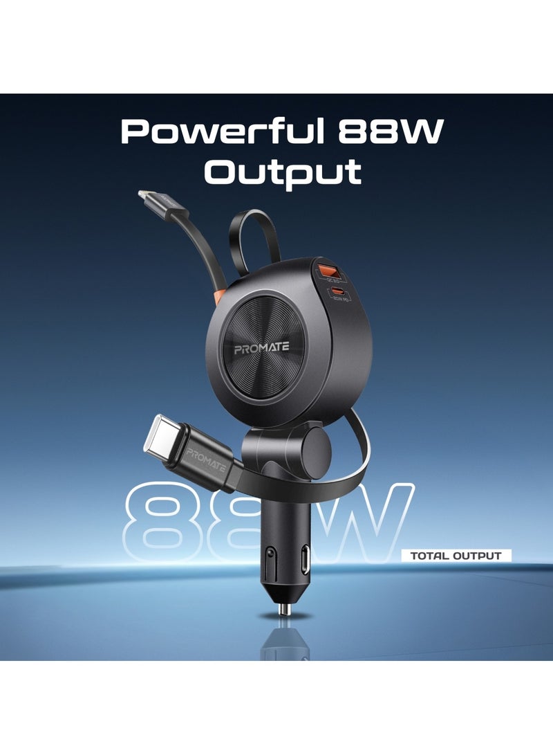PROMATE 4-in-1 Car Charger with Built-In PD30W USB-C and PD20W Lightning Retractable Cables, 20W USB-C and 18W USB-A Ports, 180° Rotatable Body, Charge Protection, Heat-Resistant Material for Safety, DriveGear-R2 Black - Image 3