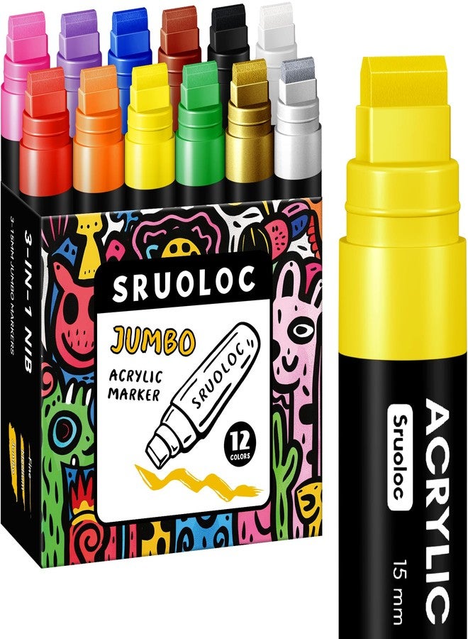 SRUOLOC 12 Colors Jumbo Graffiti Markers, 15mm Jumbo Felt Tip, Acrylic Paint Markers for Rock Painting, Poster, Stone, Ceramic, Glass, Wood, Canvas - Image 1