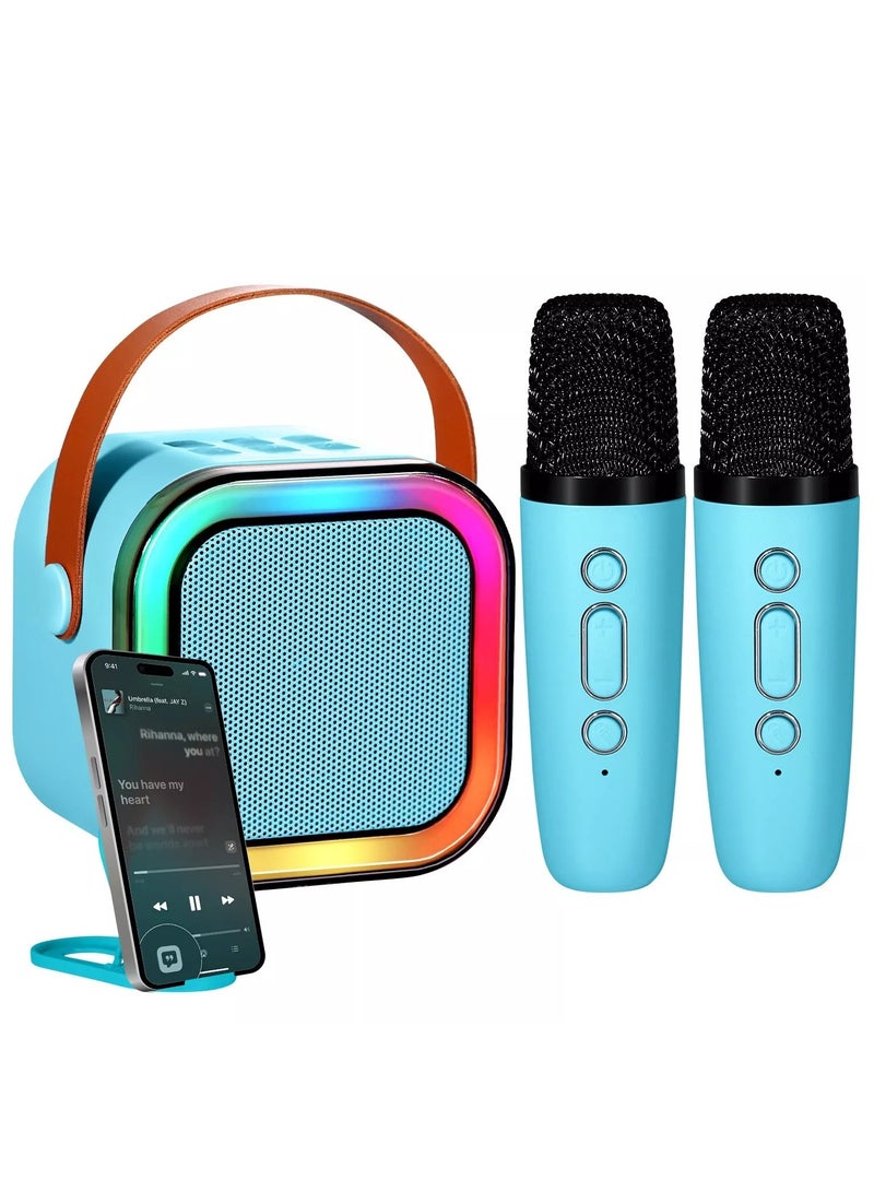 Portable Bluetooth Karaoke Speaker with 2 Wireless Microphones for Home Enjoyment Party Light Blue  - Image 3