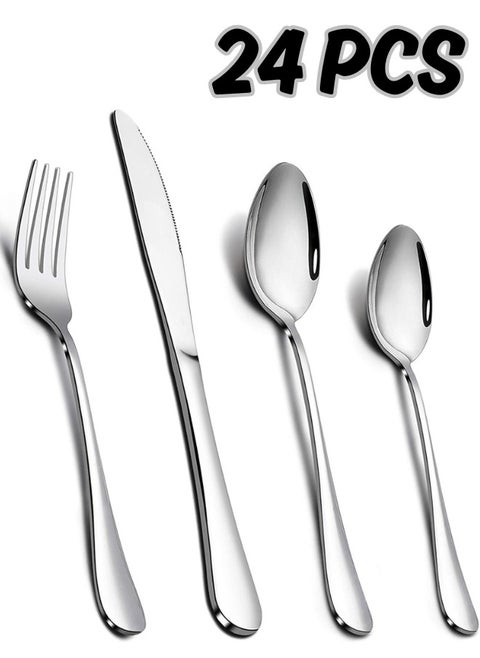 Cutlery Set Stainless Steel 24 Piece Cutlery Set for 6 People Flatware Silverware Set with Knife Fork Spoon Elegant Tableware for Daily Use Christmas Mirror Finished Dishwasher Safe
