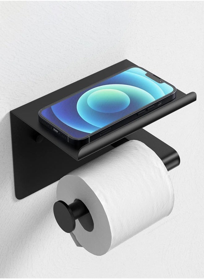 HAWAWA - Toilet Paper Holder with Phone Shelf, Adhesive or Screw Wall Mounted Toilet Paper Roll Storage, Rustproof Stainless Steel Bathroom Storage Dispenser Matte Black - Image 1