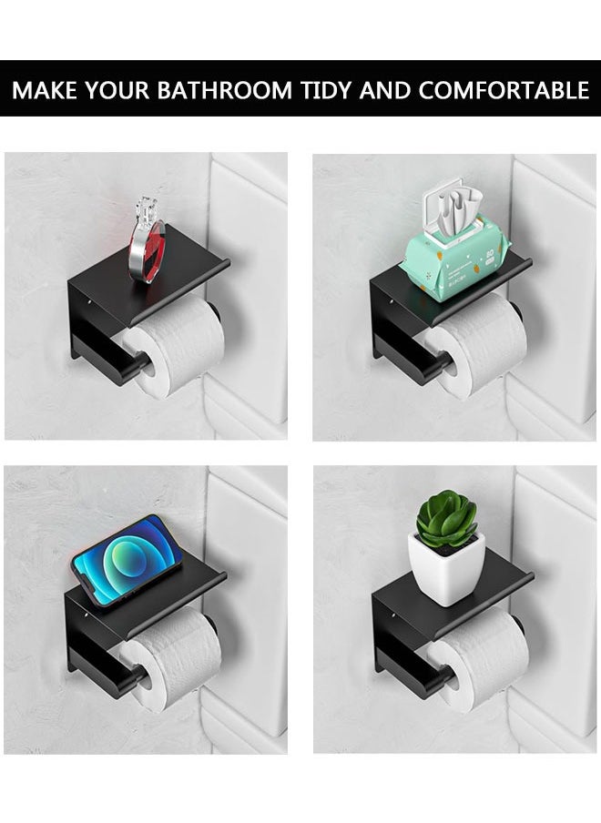 HAWAWA - Toilet Paper Holder with Phone Shelf, Adhesive or Screw Wall Mounted Toilet Paper Roll Storage, Rustproof Stainless Steel Bathroom Storage Dispenser Matte Black - Image 1
