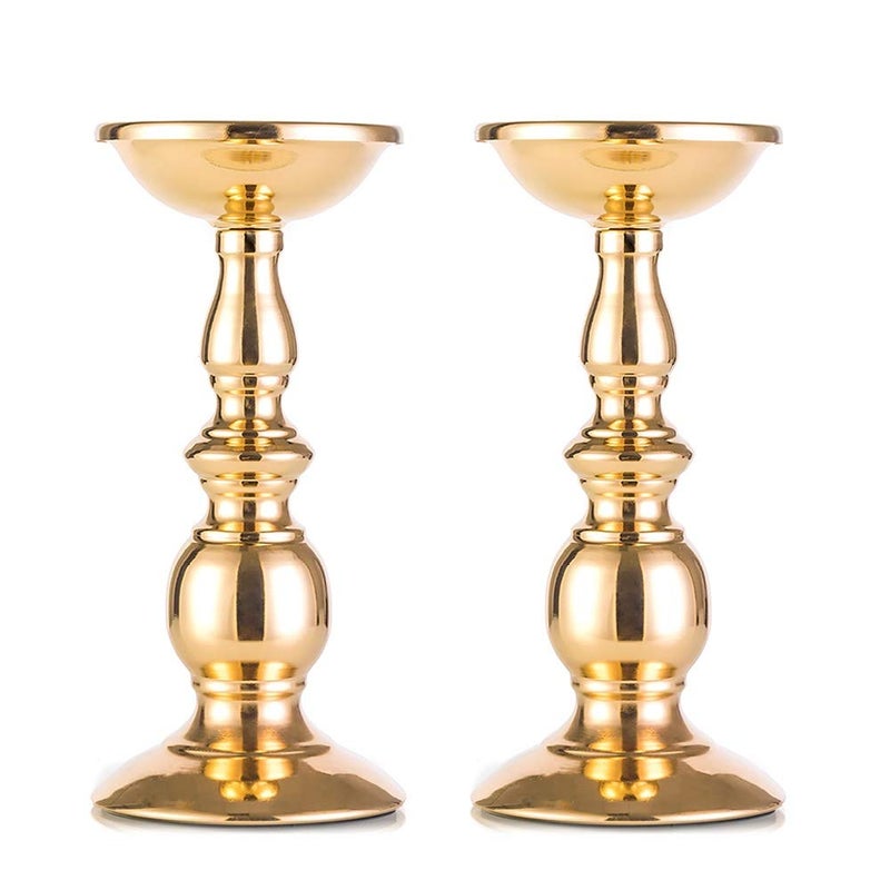 Set of 2 Gold Candlestick Metal Pillar Candle Holders Flameless Candlestick Holders Stand Centerpieces Decoration Ideal for Weddings Special Events Parties