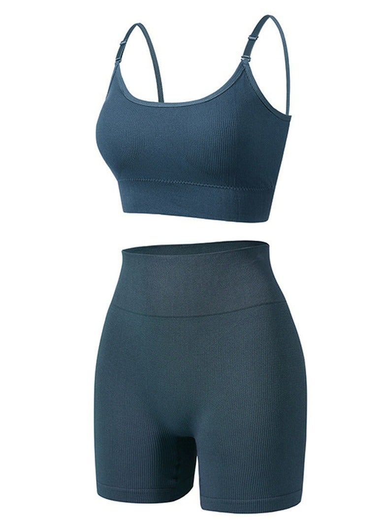 Loquat Women's Solid Color Sport Fitness Lingerie Set 2-piece Seamless Wireless Bra+High Waist Boxer Shorts Sport Suit Dusty Blue 
