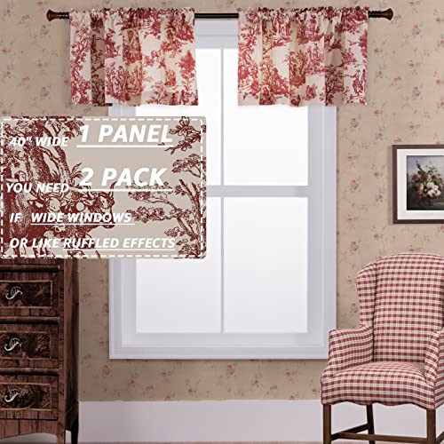 XTMYI Red and Cream Beige Valance Curtains for Kitchen Windows,Country Farmhouse Style Vintage Toile de Jouy Printed Pattern on White Cotton Fabric Floral Valances for Living Room Bedroom,18 Inch Length - Image 2