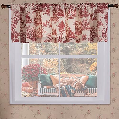 XTMYI Red and Cream Beige Valance Curtains for Kitchen Windows,Country Farmhouse Style Vintage Toile de Jouy Printed Pattern on White Cotton Fabric Floral Valances for Living Room Bedroom,18 Inch Length - Image 1