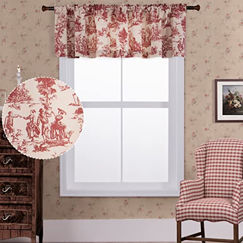 XTMYI Red and Cream Beige Valance Curtains for Kitchen Windows,Country Farmhouse Style Vintage Toile de Jouy Printed Pattern on White Cotton Fabric Floral Valances for Living Room Bedroom,18 Inch Length - Image 5