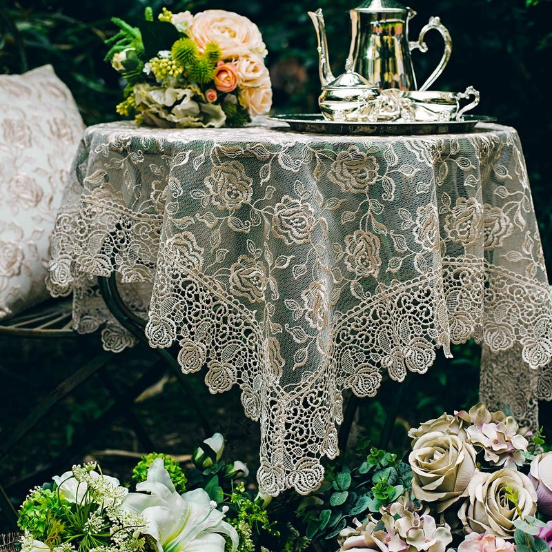 SUTAVIA Lace Tablecloth Embroidered Lace Table Cover for Square Small Table Classic Dustproof Table Protector for Kitchen Dining Room Party Wedding Banquet Home Decoration Gold 3333