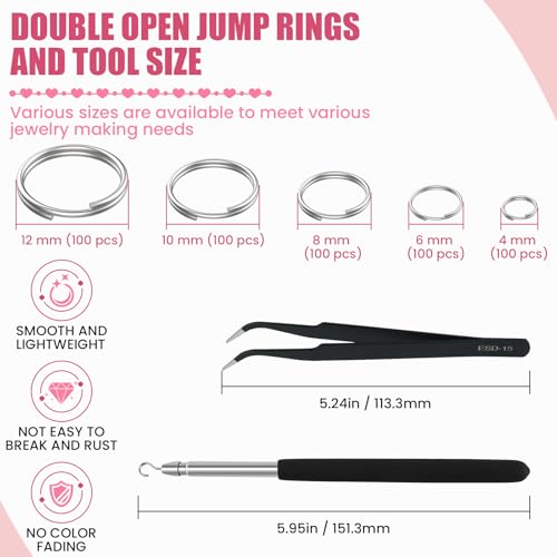 MARRTEUM 500 Pcs Double Open Jump Rings Kit, Stainless Steel Mini Round Split Craft Jump Keychains Key Ring with Double Loops Connectors for Jewelry Making, Bracelets Necklace Repair, DIY (4, 6, 8, 10, 12mm) - Image 2