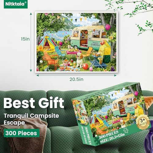 Nitktaia 300 Piece Puzzles for AdultsLakeside Camping Puzzle for Adults TeensLarge Piece Fun Jigsaw Puzzle for Kids Ages 810 1012Glossy Sturdy PiecesChallenging Family Game Great Gift Idea205 x 15 in - Image 5