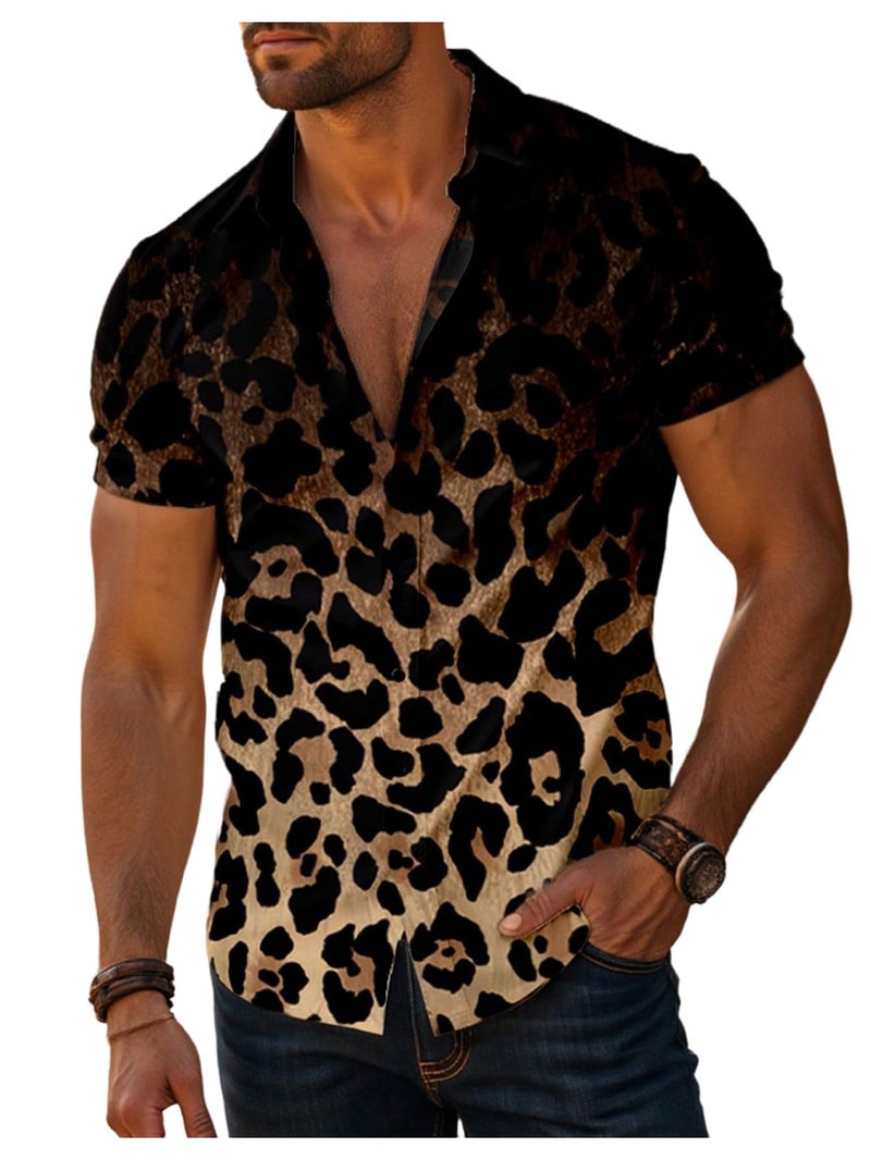 Verdusa Men's Leopard Print Button Down Shirt Short Sleeve Collar V Neck Casual Shirts Leopard Brown X-Large - Image 1