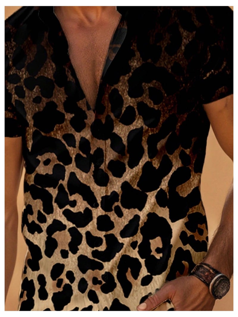 Verdusa Men's Leopard Print Button Down Shirt Short Sleeve Collar V Neck Casual Shirts Leopard Brown X-Large - Image 3