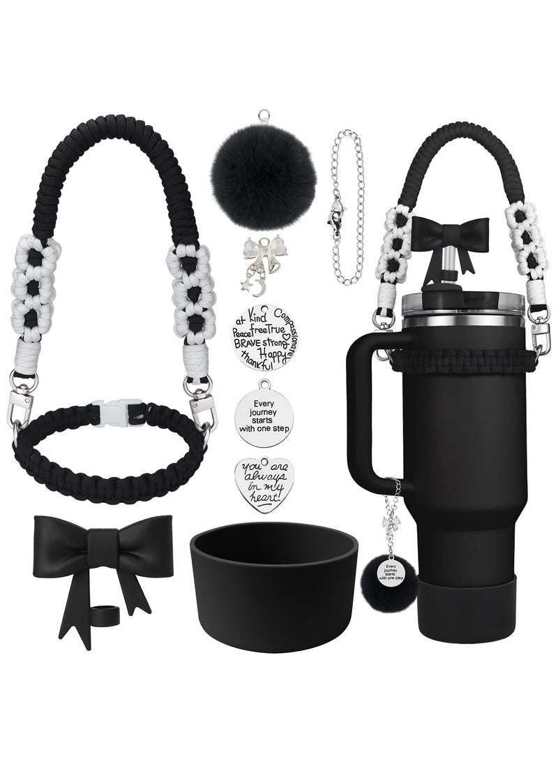 9PCS Water Bottle Accessories Set for Stanley Cup 30oz  40oz Tumblers Includes Straw Cover Topper, Boot Strap Lanyard and Charms.Black.  - Image 1