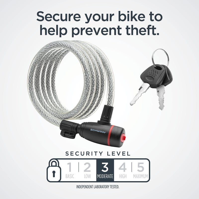 Schwinn Bike Key Lock In Braided Steel Cable, 2 Keys Included, 6 Feet X 12Mm Anti Theft Bicycle Lock, Security Level 3 - Image 2