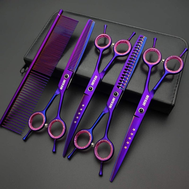 Smithking 7.0 inches Professional Dog Grooming Scissors Set Straight & thinning & Curved & chunkers & comb 5pcs in 1 Set for left-handed & right handed - Image 2
