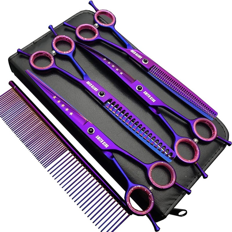Smithking 7.0 inches Professional Dog Grooming Scissors Set Straight & thinning & Curved & chunkers & comb 5pcs in 1 Set for left-handed & right handed - Image 1