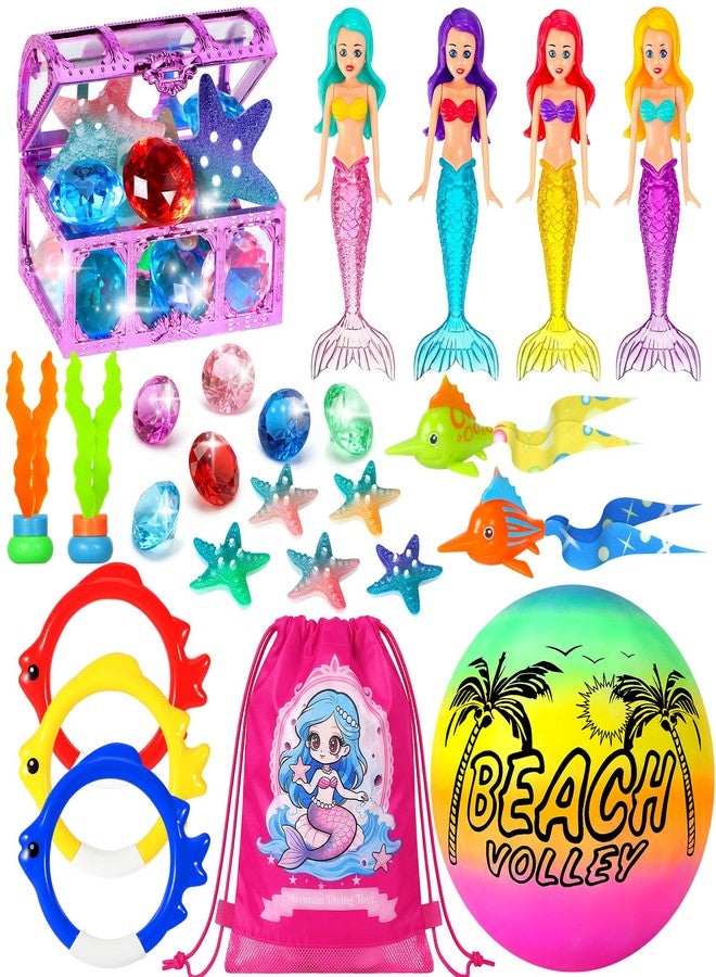 DRAMATION Pool Diving Toys for Kids Ages 3-12, DRAMATION 25 Pcs Mermaid Dive Pool Toys with Diving Gems and Treasure Chest, Diving Rings, Storage Bag, Summer Beach Swim Water Sinking Toys for Boys Girls 3-5 4-8 - Image 1