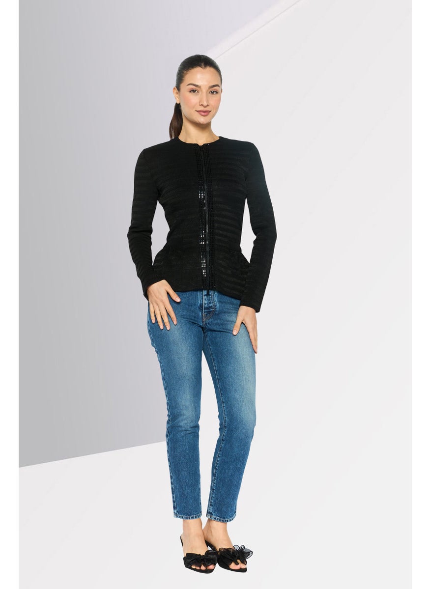 EMPORIO ARMANI Women Round Neck Embellished Cardigan, Black  - Image 2