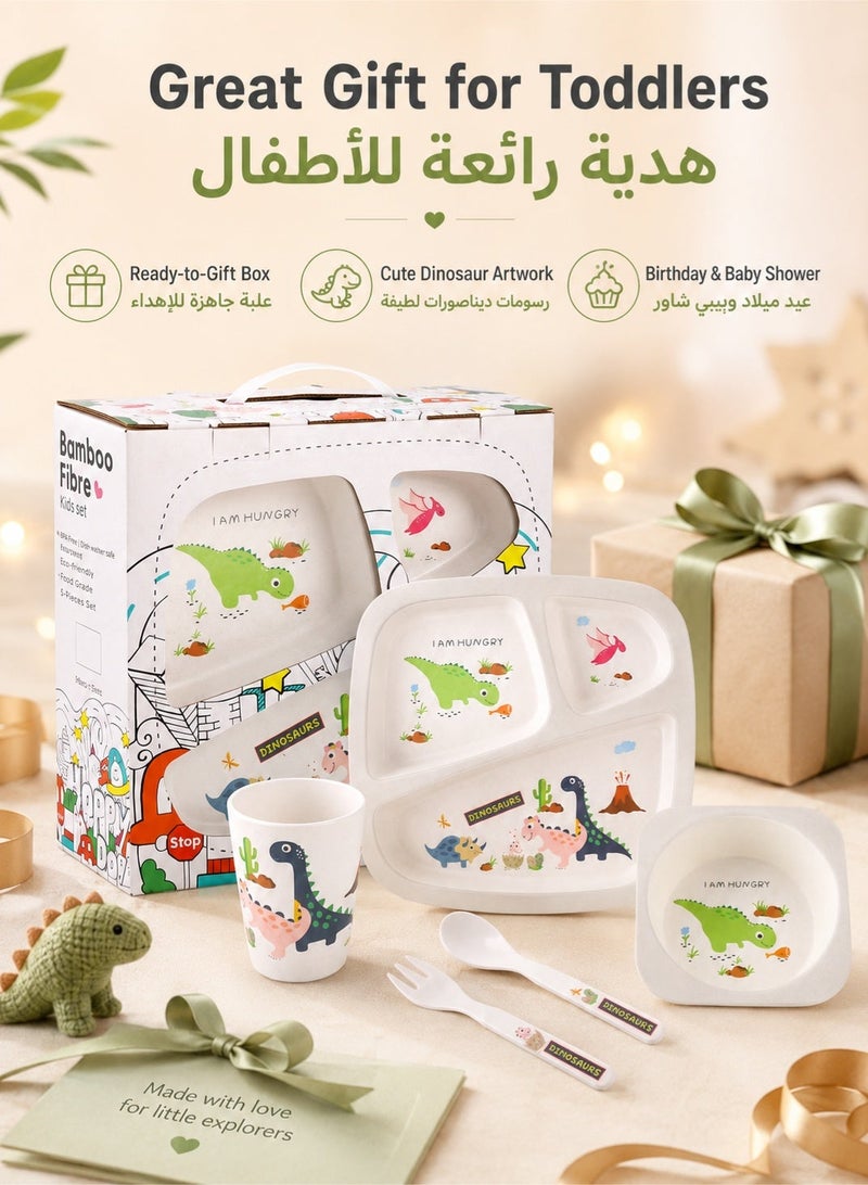 Yooyee 5 Pcs Kids Feeding Set, Cartoon Tableware Set for Toddlers Plates and Bowls Baby Utensils Bowls Cup Utensil Flatware Dishes Kids Feeding Bamboo Cutlery Set, Dinnerware Dining Sets BPA Free - Image 2