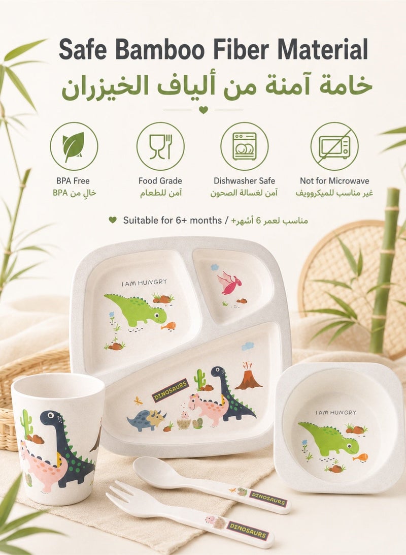 Yooyee 5 Pcs Kids Feeding Set, Cartoon Tableware Set for Toddlers Plates and Bowls Baby Utensils Bowls Cup Utensil Flatware Dishes Kids Feeding Bamboo Cutlery Set, Dinnerware Dining Sets BPA Free - Image 4