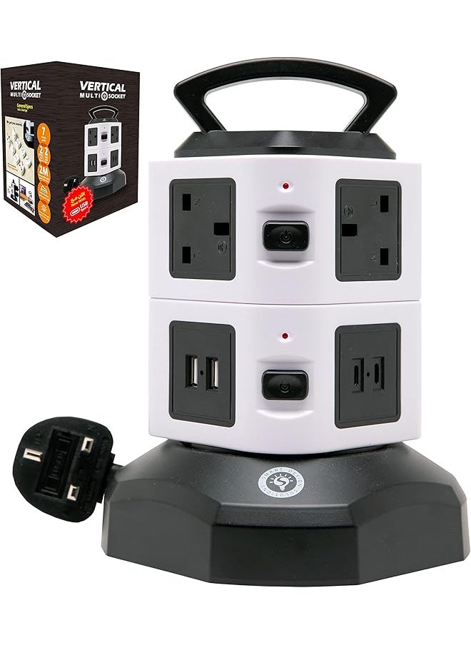 Smart Design Solutions Smart Design Solutions | 7-Way Tower Extension Lead with USB C & Retractable 2M Cable | Multi-Socket Power Strip with Surge Protection | Type C Extension Tower with Multiple Outlets  - Image 1