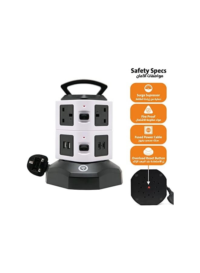 Smart Design Solutions Smart Design Solutions | 7-Way Tower Extension Lead with USB C & Retractable 2M Cable | Multi-Socket Power Strip with Surge Protection | Type C Extension Tower with Multiple Outlets  - Image 3