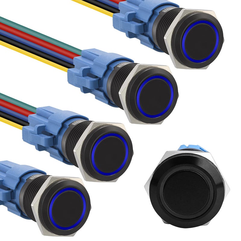 STARELO 5pcs 16mm Latching led Push Button Switch Black Shell, IP65 Waterproof Push Button Switch,1NO 1 NC with Wire Socket Plug,Self-Locking with LED(Blue). - Image 1
