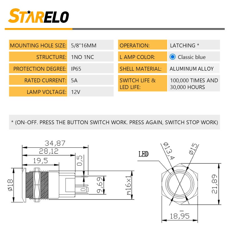 STARELO 5pcs 16mm Latching led Push Button Switch Black Shell, IP65 Waterproof Push Button Switch,1NO 1 NC with Wire Socket Plug,Self-Locking with LED(Blue). - Image 2