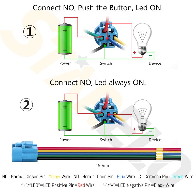 STARELO 5pcs 16mm Latching led Push Button Switch Black Shell, IP65 Waterproof Push Button Switch,1NO 1 NC with Wire Socket Plug,Self-Locking with LED(Blue). - Image 3