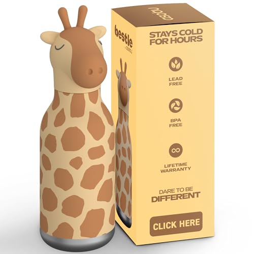 asobu Bestie Bottle Insulated Stainless Steel Water Bottle with Detachable Soft Animal Head Fun Drinking For Kids and Teens16 Ounce with Flexible Reusable Straw GIRAFFE - Image 1