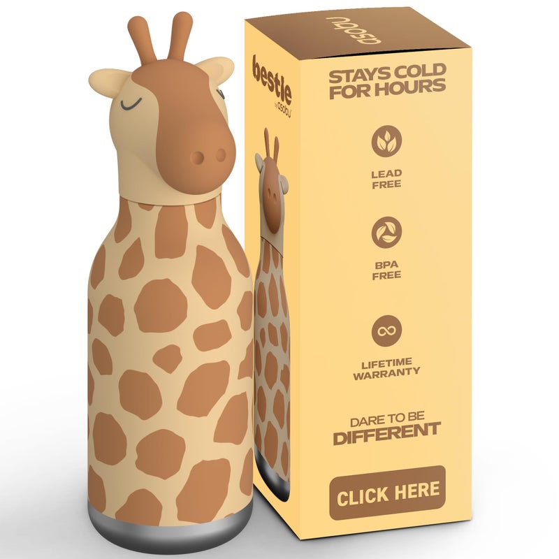 asobu Bestie Bottle Insulated Stainless Steel Water Bottle with Detachable Soft Animal Head Fun Drinking For Kids and Teens16 Ounce with Flexible Reusable Straw GIRAFFE - Image 2