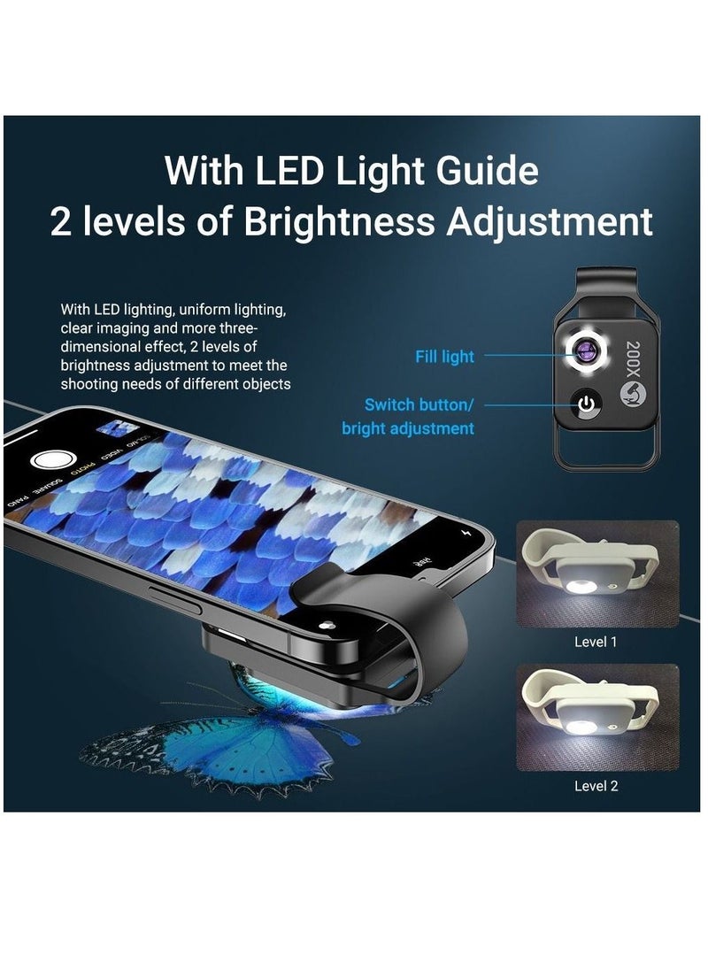 Lens Star - Mobile Phone Microscope, 200x Mini Pocket Microscope with LED Light/Universal Clip Portable Digital Magnifier Camera Accessory with CPL Lens Compatible with iPhone/Android Phones (Black) - Image 1