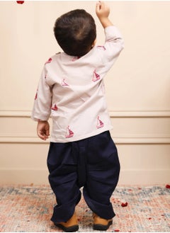 Polka Tots Polka Tots Full Sleeves Boat Embroidery Angrakha with Dhoti - Grey (6M - 9M)  - Image 2