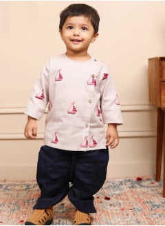 Polka Tots Polka Tots Full Sleeves Boat Embroidery Angrakha with Dhoti - Grey (6M - 9M)  - Image 3