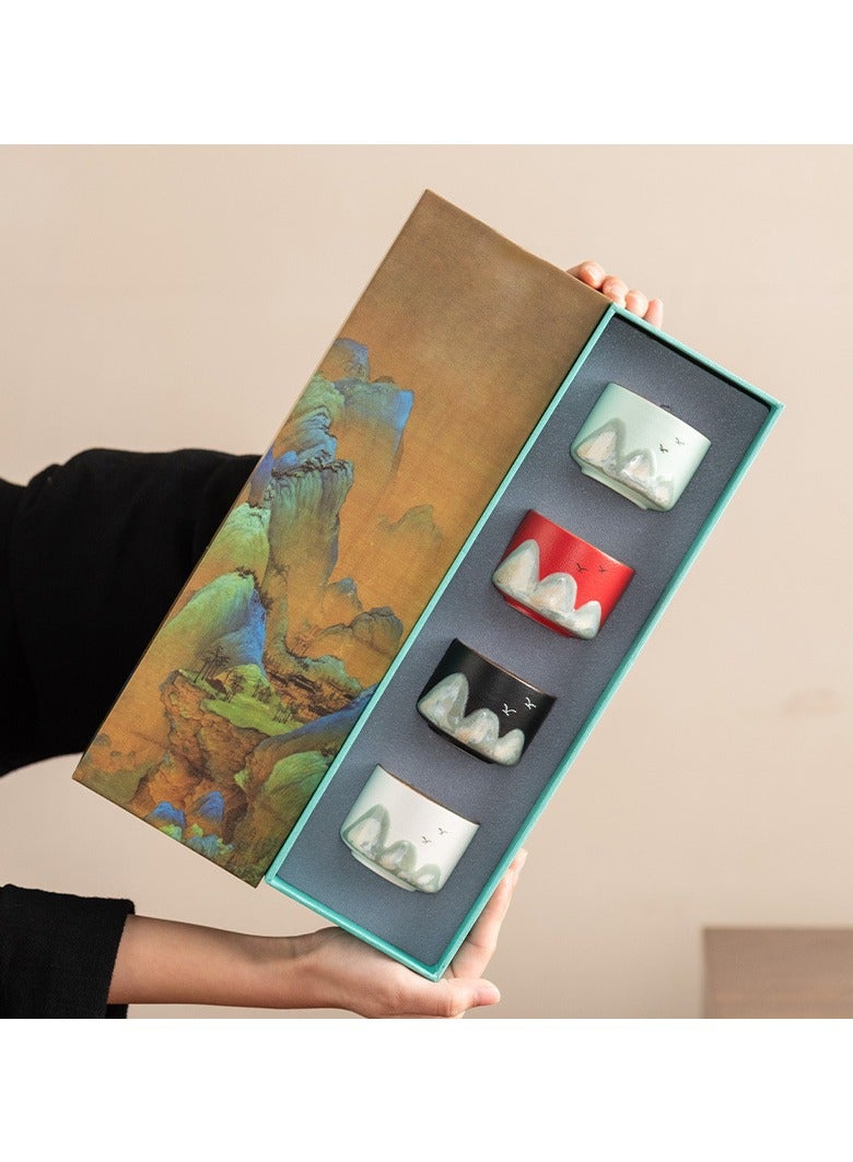 شو وو 4 قطع 70 مل مجموعة أكواب سيراميك فنية آسيوية، صينية عتيقة مرسومة يدويًا من السيراميك مجموعة أكواب القهوة للسفر، كوب شاي كونغ فو هدية للمنزل والمكتب والمطبخ، كوب مستقيم - Image 4