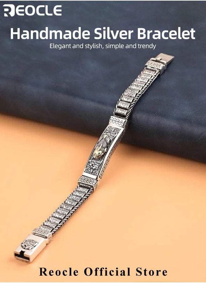 REOCLE - Men's Handmade Feng Shui Pixiu Bracelet with Magnetic Therapy Function Silver Bracelet Wealth Pixiu Lucky Bracelet Fortune Protection Bangle - Image 1