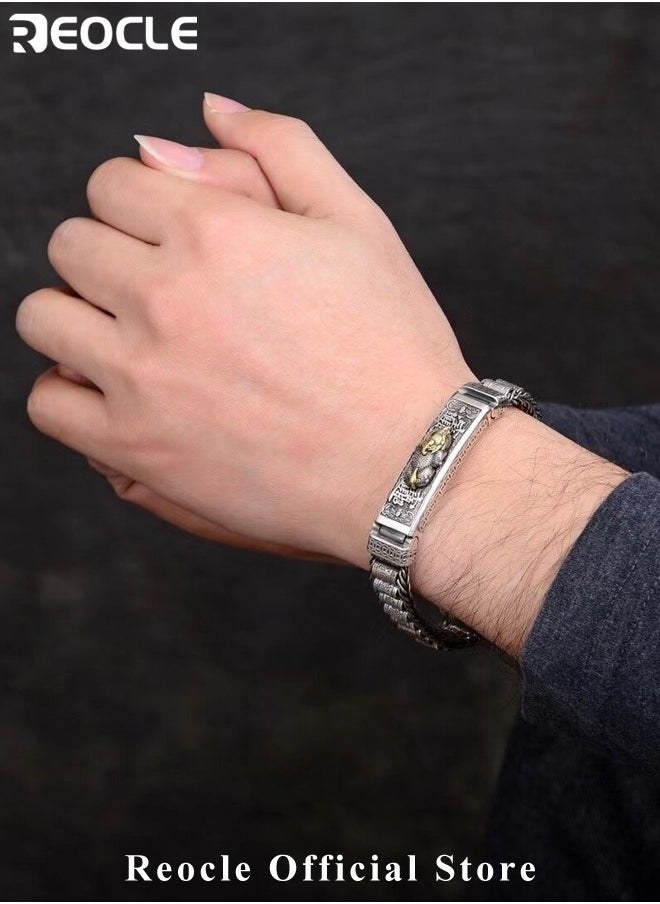 REOCLE - Men's Handmade Feng Shui Pixiu Bracelet with Magnetic Therapy Function Silver Bracelet Wealth Pixiu Lucky Bracelet Fortune Protection Bangle - Image 1
