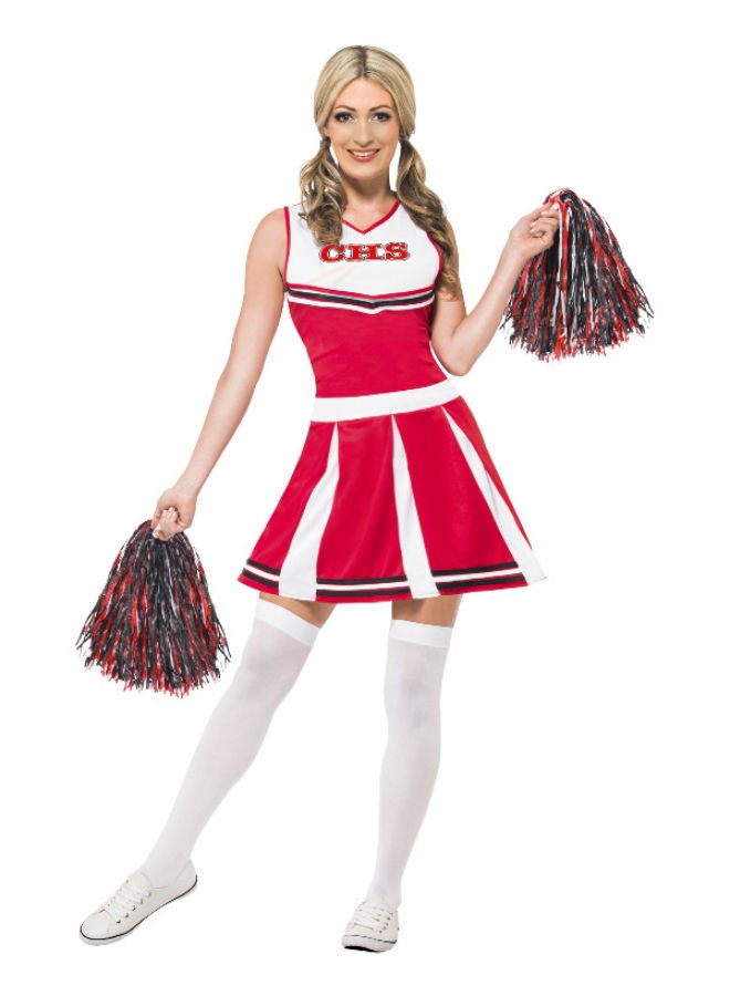 Cheerleader Fancy Dress Party Costume Red With Dress And Pom Poms X1
