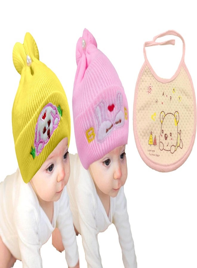 COOL INDIANS Combo of Baby Winter Warm Cap & Bibs | New Born Baby Kid's Hat | Cotton Bibs/Apron with Titch Button I Woolen Cap for Kid's Unisex Multi Colour (3-6 Months, Yellow-L.Pink) - Image 1