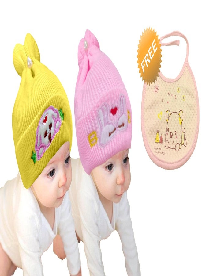 COOL INDIANS Combo of Baby Winter Warm Cap & Bibs | New Born Baby Kid's Hat | Cotton Bibs/Apron with Titch Button I Woolen Cap for Kid's Unisex Multi Colour (3-6 Months, Yellow-L.Pink) - Image 2