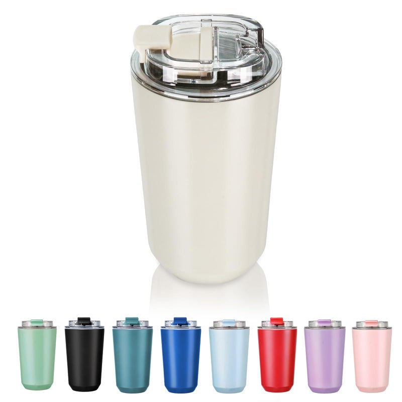 Puraville Insulated Tumblers with Lid, 14 oz Travel Coffee Mug Stainless Steel Vacuum Cup, Leak Proof Reusable Double Walled Coffee Tumbler for Iced and Hot Drinks, Cream - Image 1